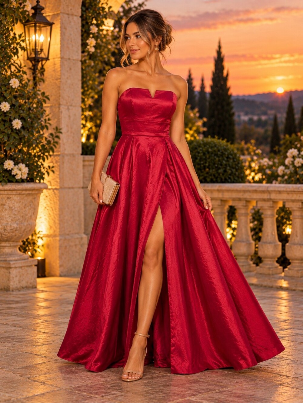 B Darlin Strapless Raspberry Red Satin Evening Gown with Front Slit